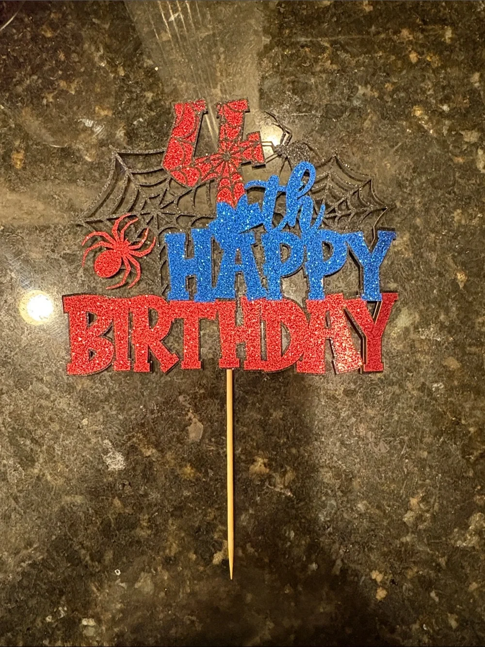 4th Happy Birthday Glitter Cake Topper - Red & Blue Spider Theme